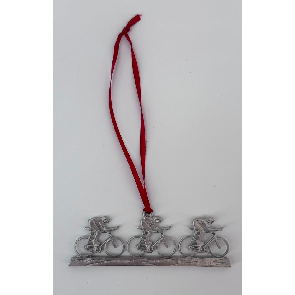 Silver Metal Cyclist Ornament 3 Riders Bicycle Bike Racing Holiday Tree Decor